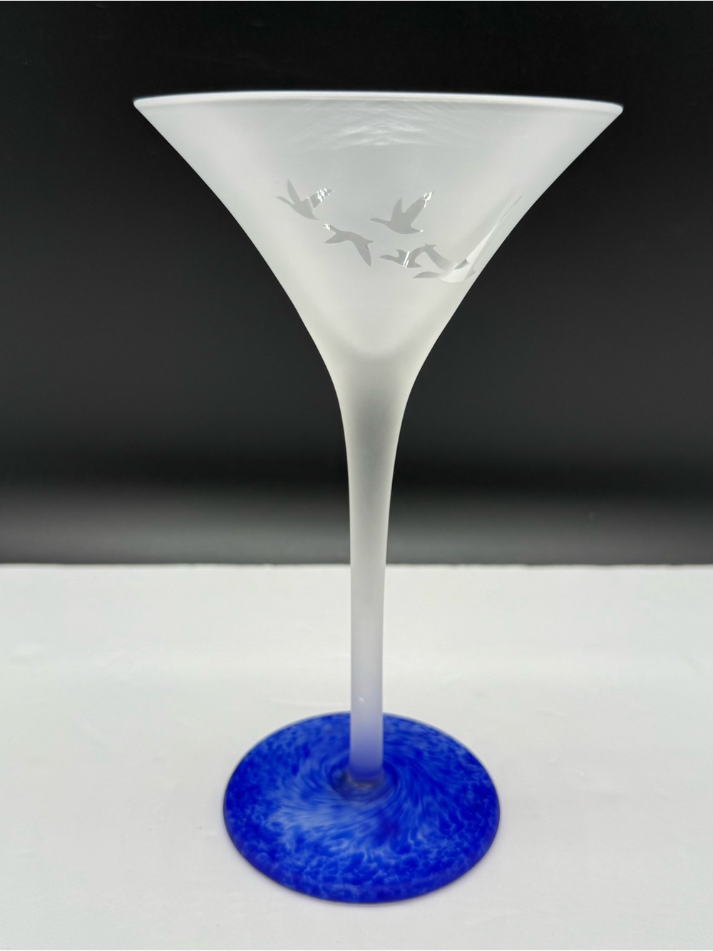 Grey Goose Vodka Martini Glass Frosted Blue Base Footed Flying Geese Handblown